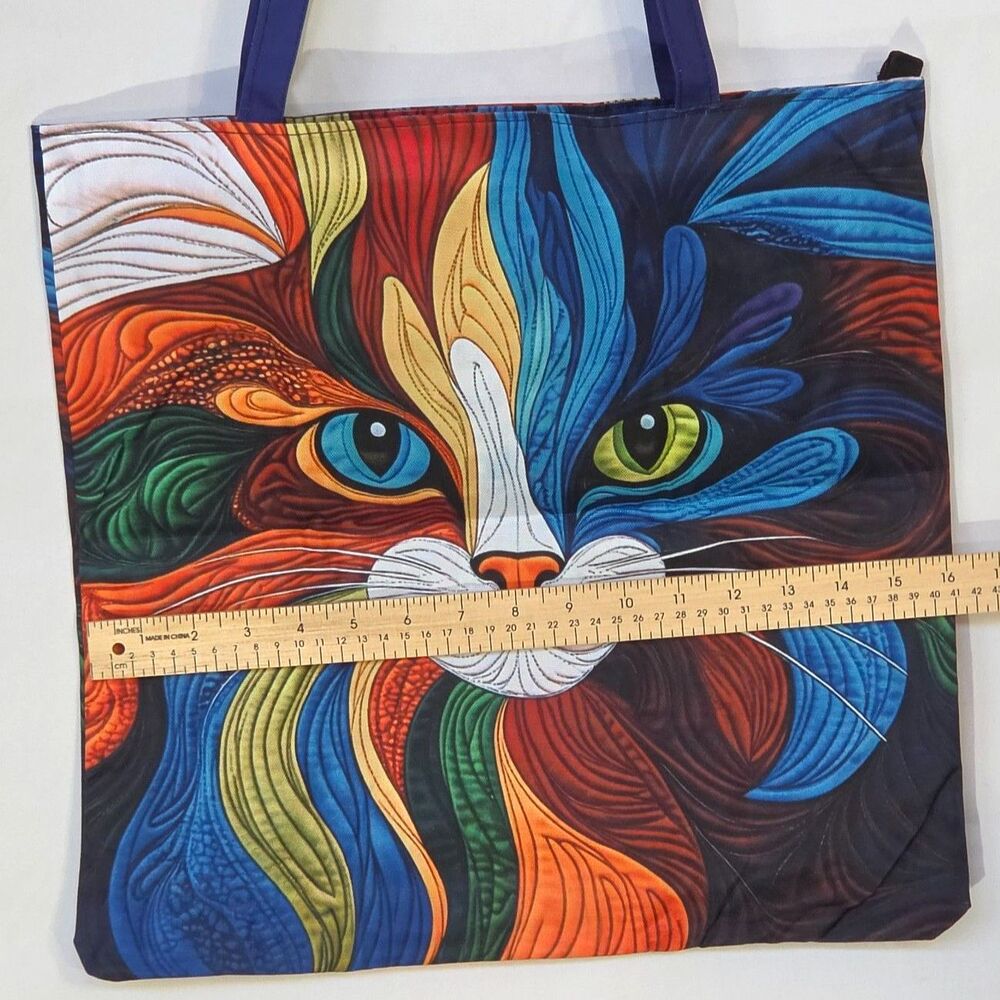 Psychedelic Stained Glass Cat Art Quilted Canvas Tote Bag Shoulder Purse - Picture 2 of 3